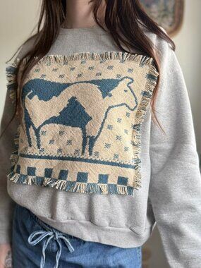 🐮 Upcycled Hanes crewneck with vintage cow fringe patch 🐄